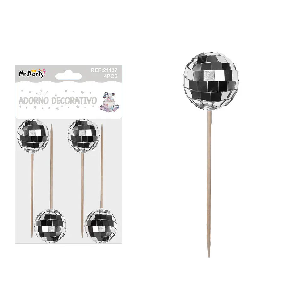 Palillos decorativos para pastel con esfera plateada 12cm 4pcs 1