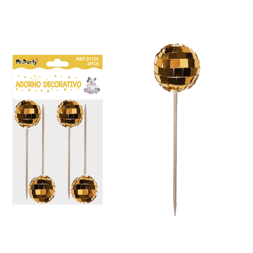 Palillos decorativos para pastel con esfera dorado rosa 12cm 4pcs