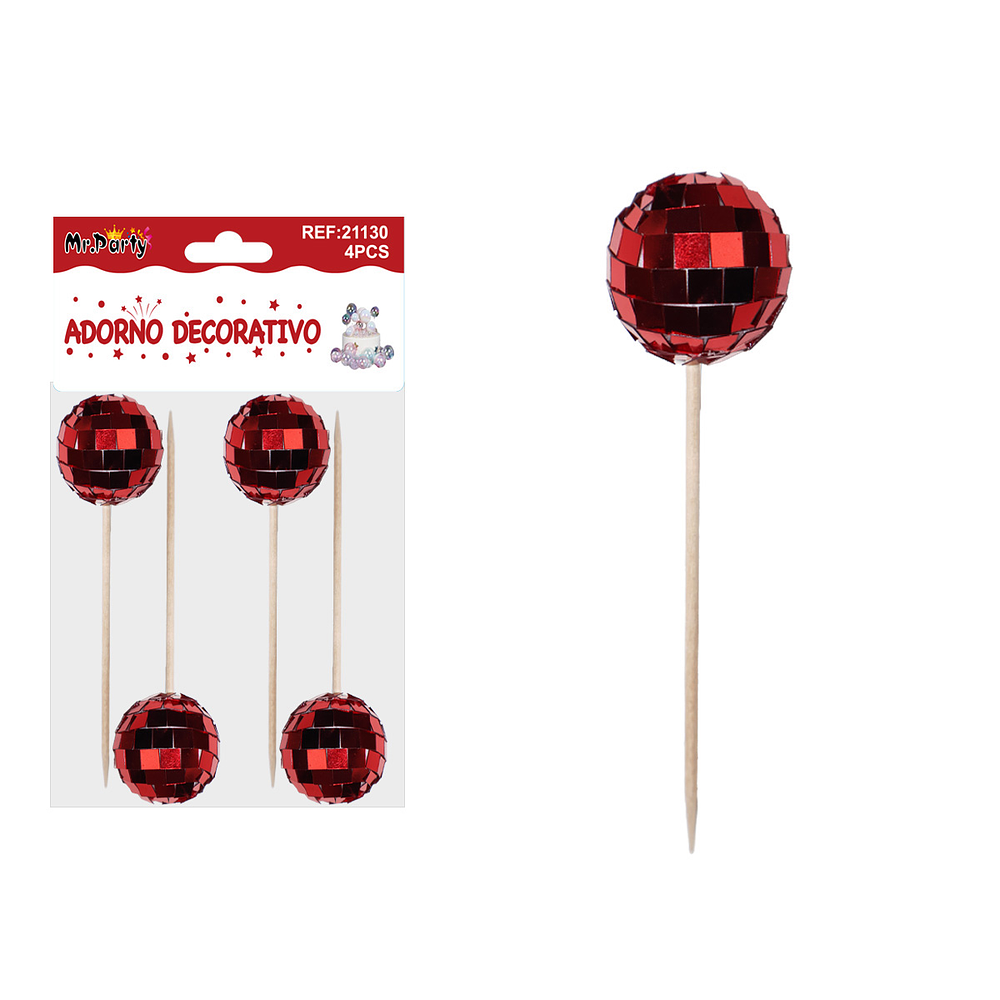 Palillos decorativos para pastel con esfera roja 12cm 4pcs