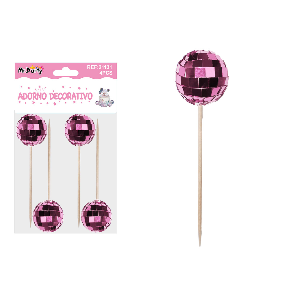 Palillos decorativos para pastel con esfera rosado 12cm 4pcs