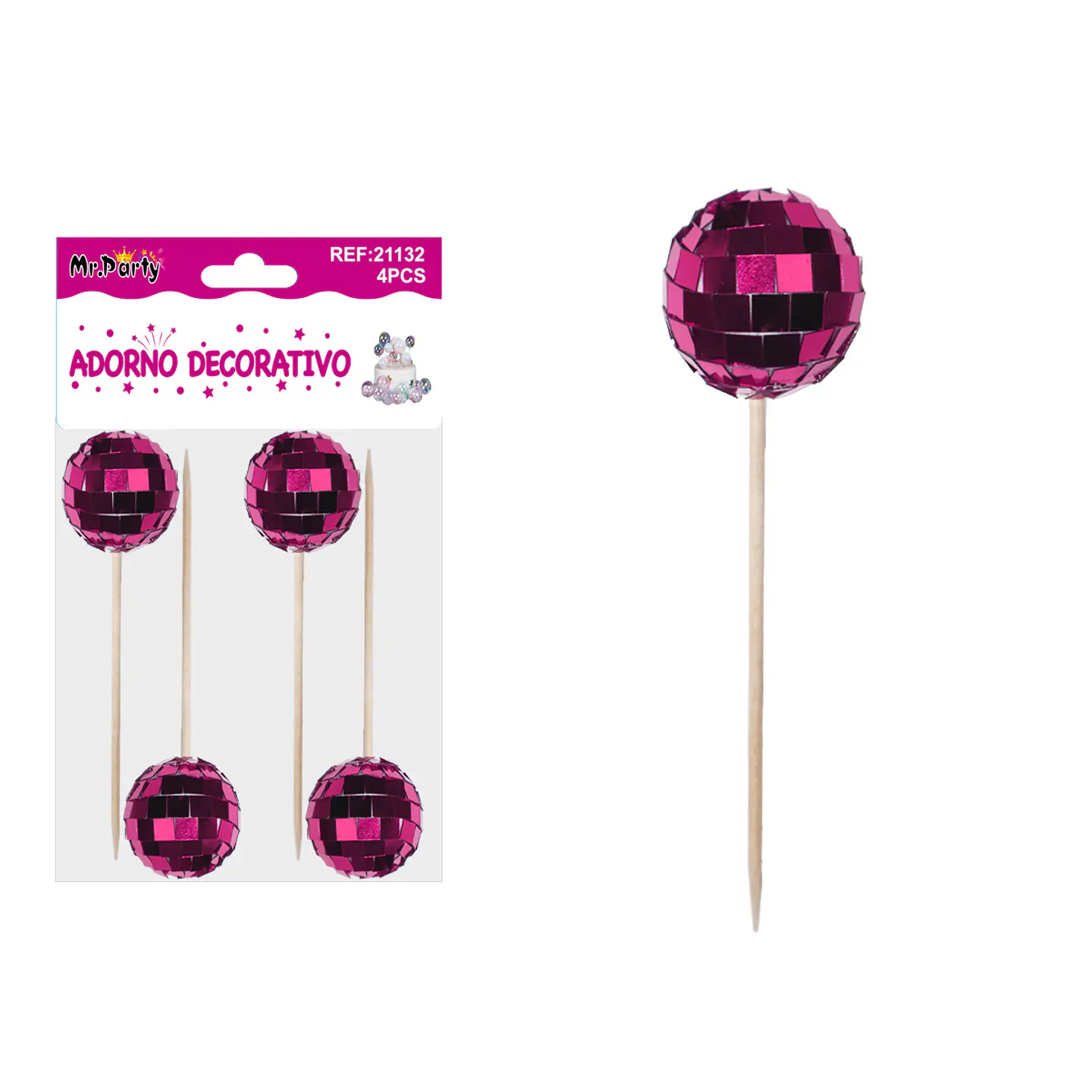 Palillos decorativos para pastel con esfera fucsia 12cm 4pcs 1