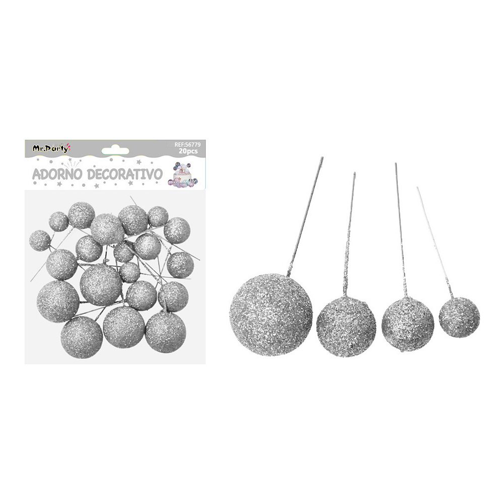 Esferas decorativas para pastel con purpurina plateada 20pcs