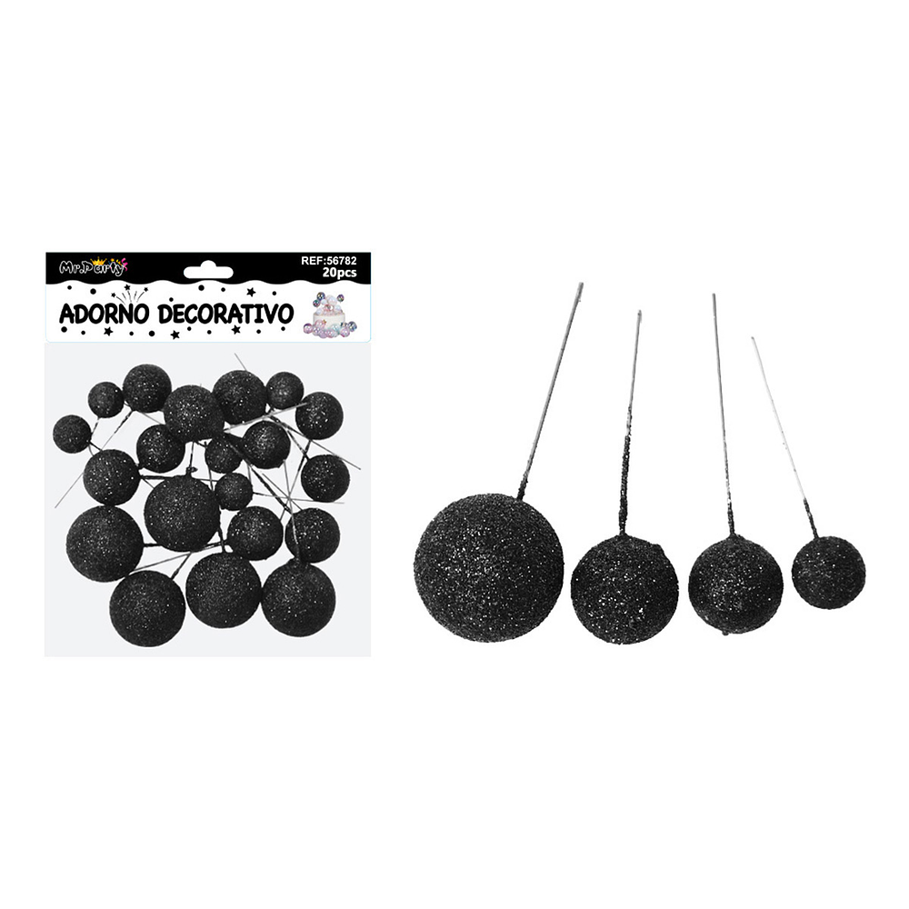 Esferas decorativas para pastel con purpurina negra 20pcs