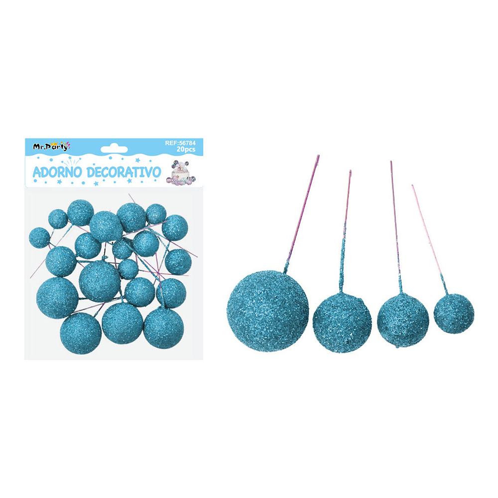 Esferas decorativas para pastel con purpurina azul 20pcs