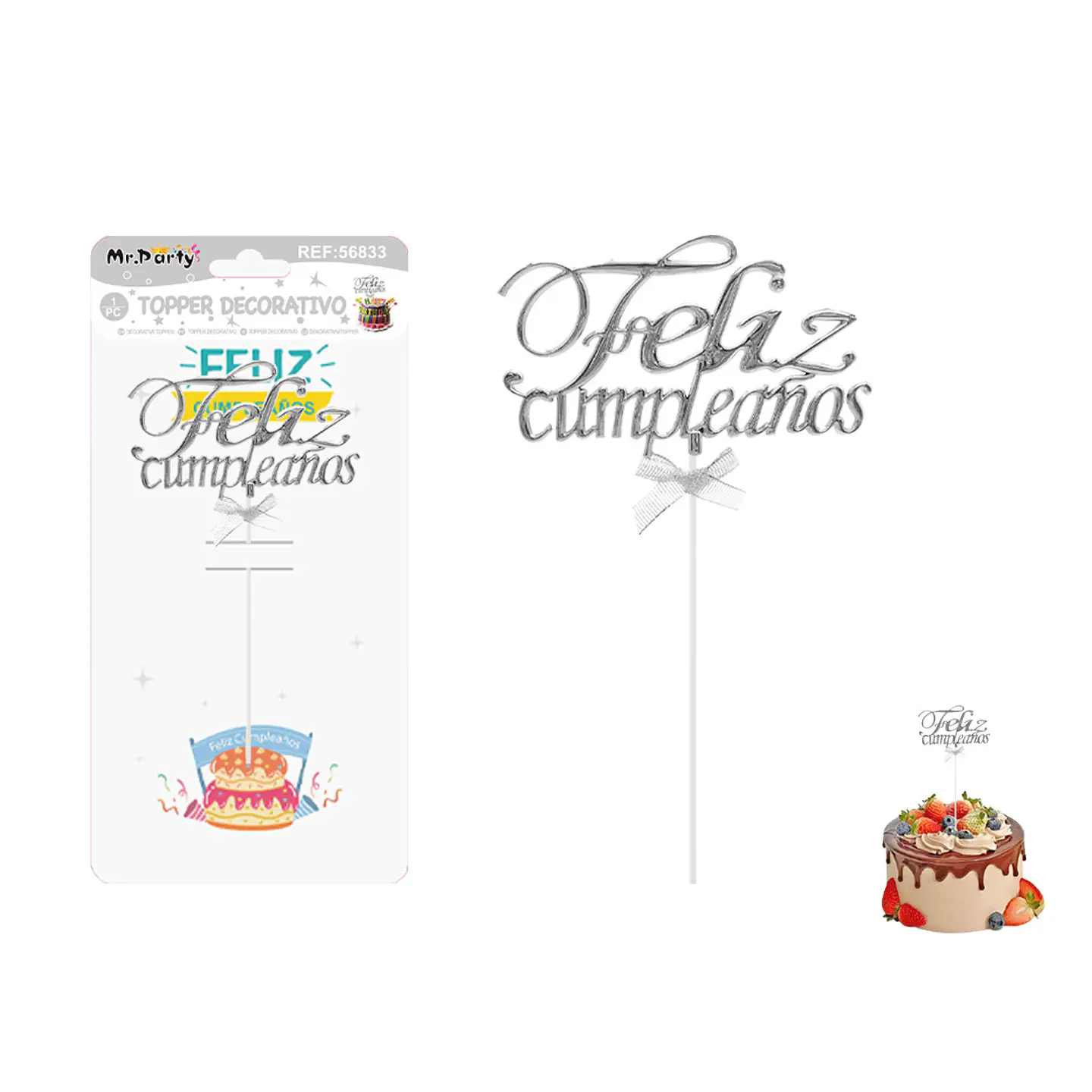 Toppers para pastel Feliz Cumpleaños plateados 1