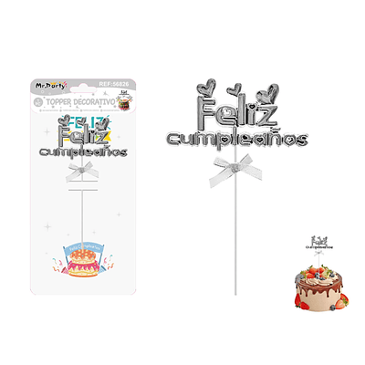 Toppers para pastel Feliz Cumpleaños plateado