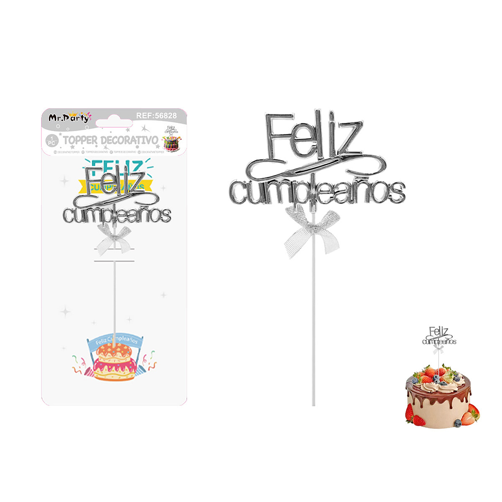 Toppers para pastel Feliz Cumpleaños plateado