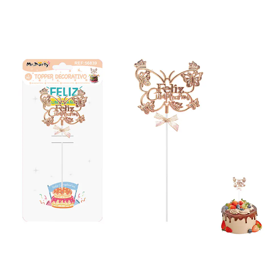 Toppers para pastel Feliz Cumpleaños mariposa dorado rosado 1