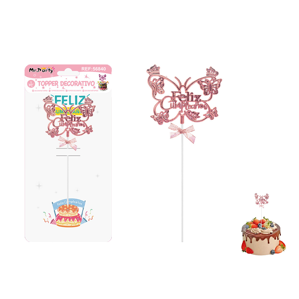 Toppers para pastel Feliz Cumpleaños mariposa rosa
