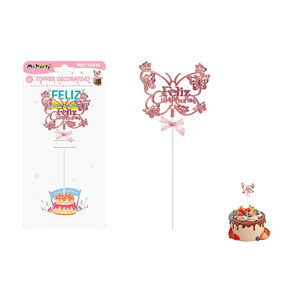 Toppers para pastel Feliz Cumpleaños mariposa rosa