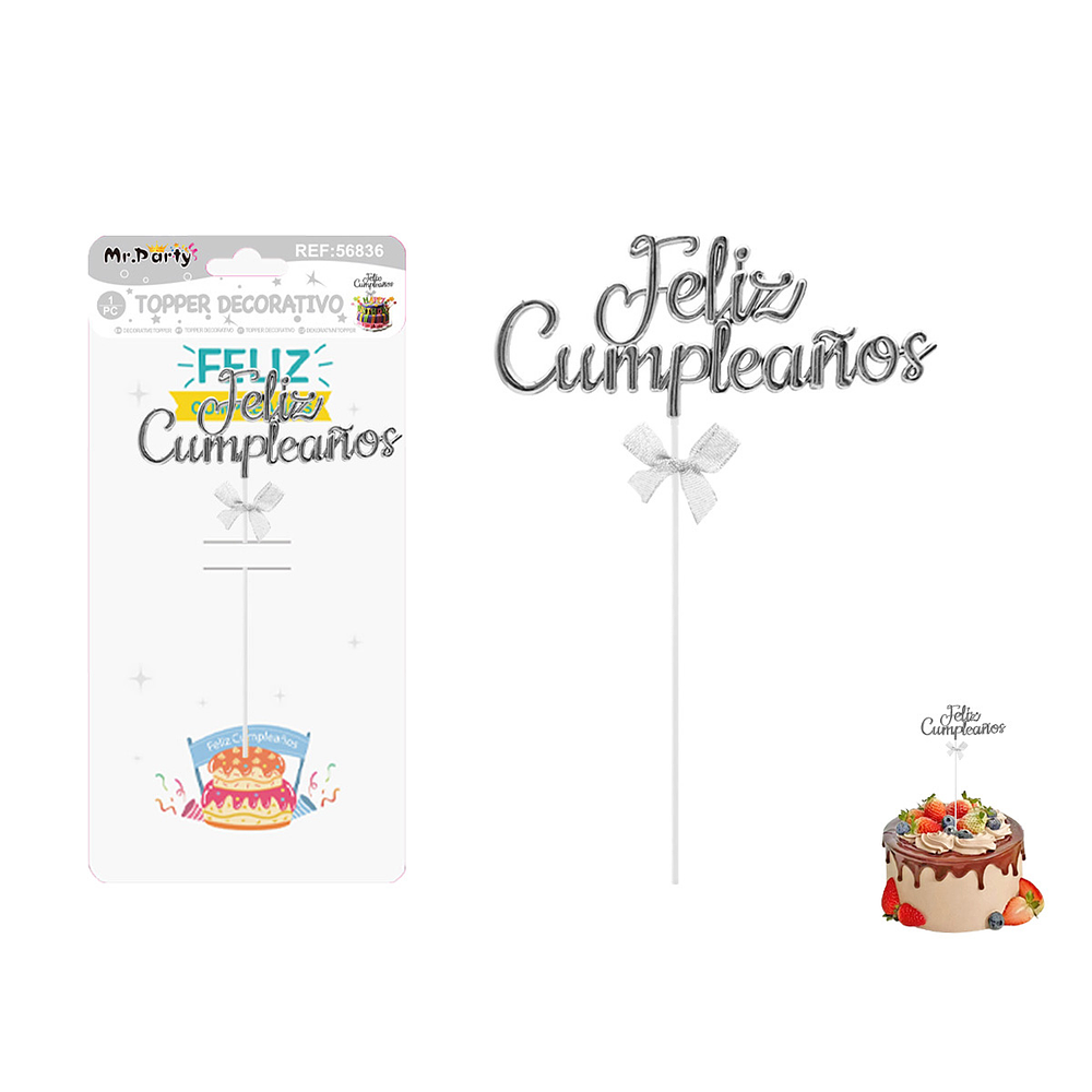 Toppers para pastel Feliz Cumpleaños plateado