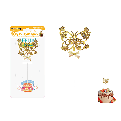 Toppers para pastel Feliz Cumpleaños mariposa dorado 