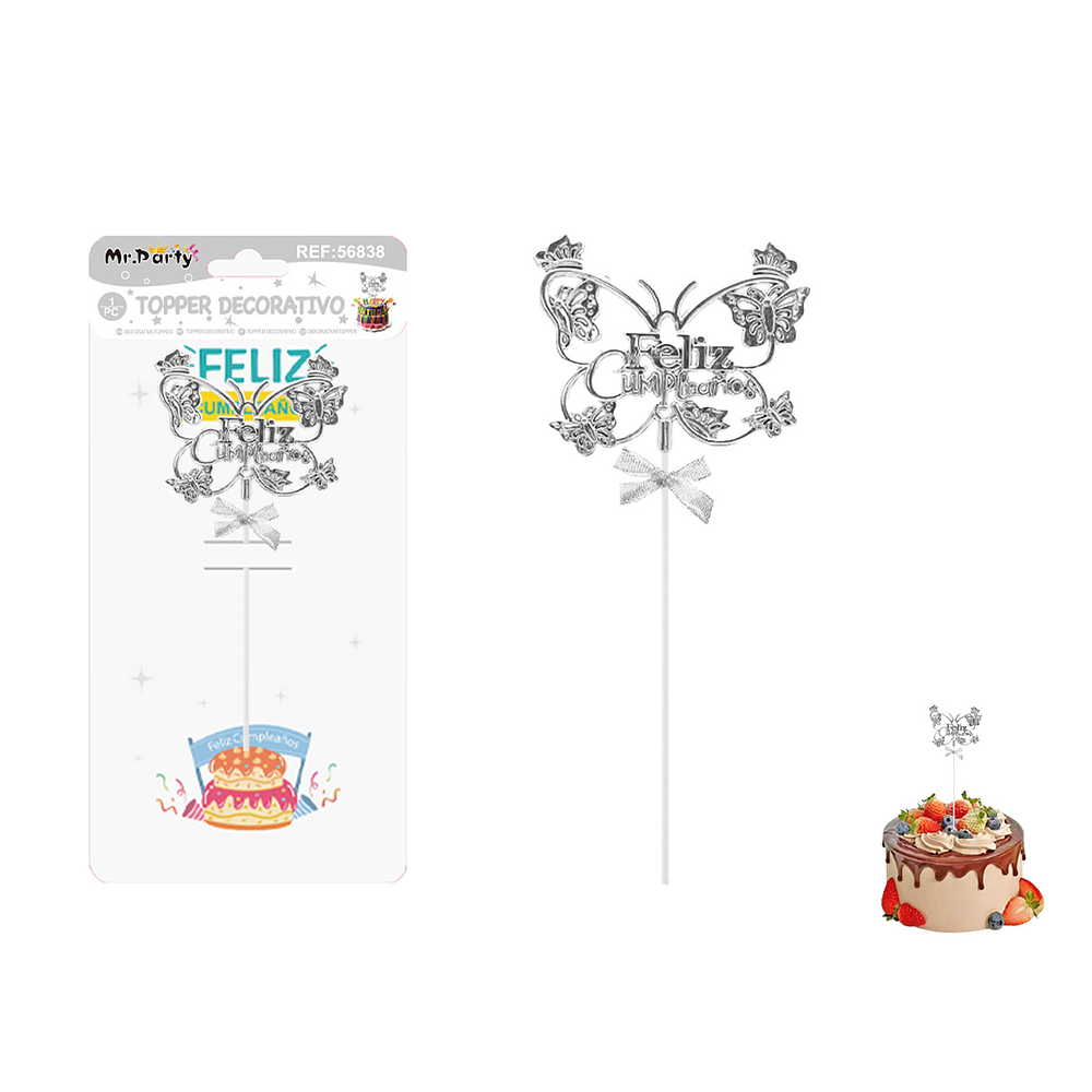 Toppers para pastel Feliz Cumpleaños mariposa plateado