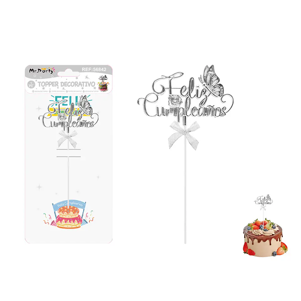 Toppers para pastel Feliz Cumpleaños plateado 1