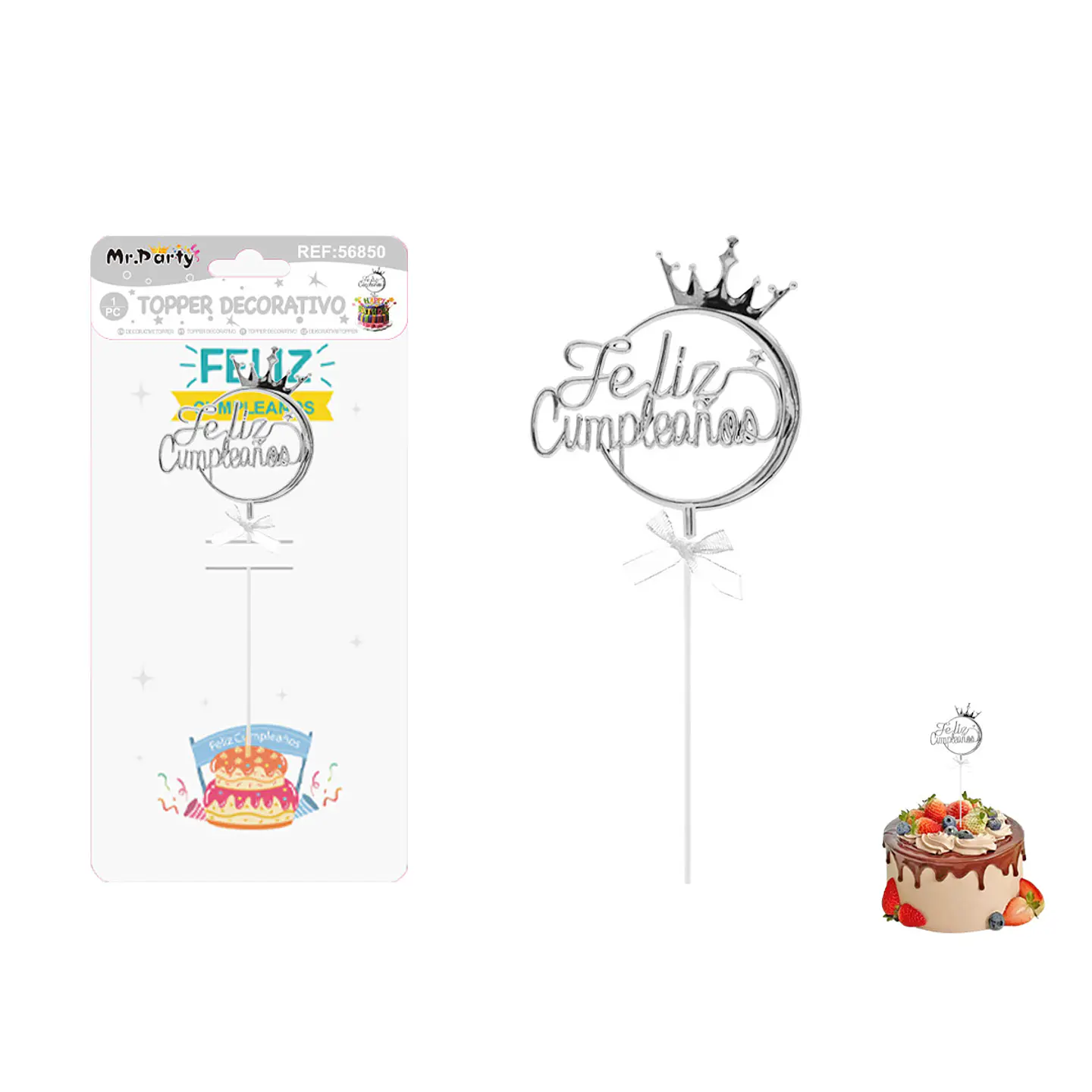 Toppers para pastel Feliz Cumpleaños plateado 1