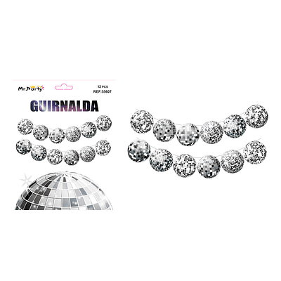 Guirnalda decorativa de bolas disco plateado 12pcs