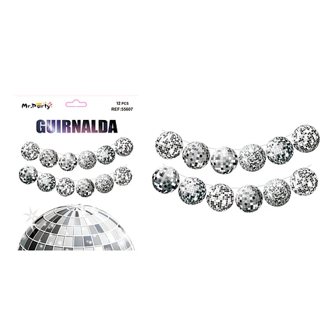 Guirnalda decorativa de bolas disco plateado 12pcs