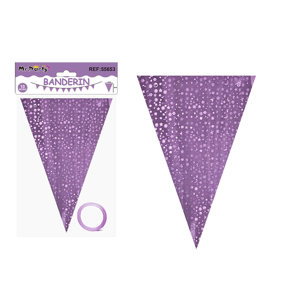 Guirnaldas banderín triángulo lila estrellas y luna 10M