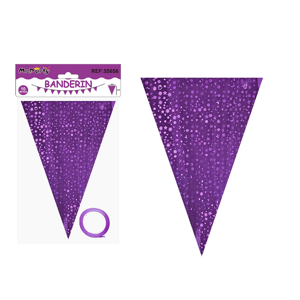Guirnaldas banderín triángulo morado estrellas y luna 10M
