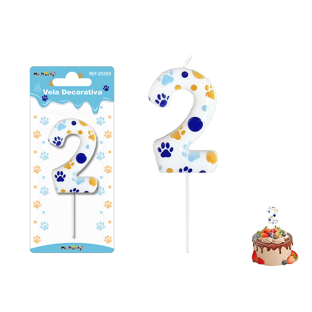 Velas con número 2 diseño huella de perro 9cm