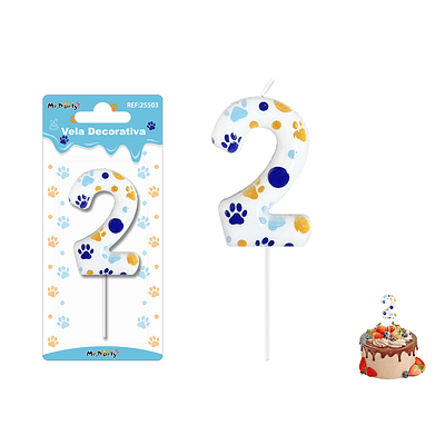 Velas con número 2 diseño huella de perro 9cm