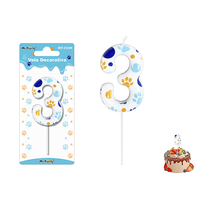 Velas con número 3 diseño huella de perro 9cm