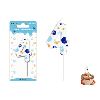 Velas con número 4 diseño huella de perro 9cm