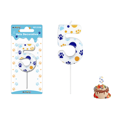 Velas con número 5 diseño huella de perro 9cm