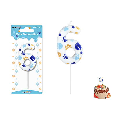 Velas con número 6 diseño huella de perro 9cm