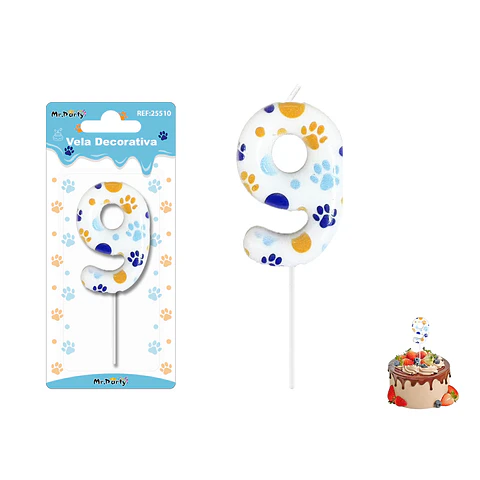 Velas con número 9 diseño huella de perro 9cm