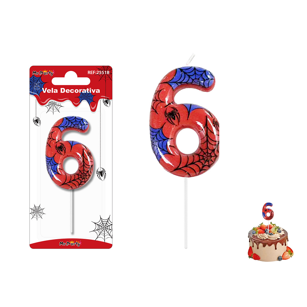Velas con número 6 diseño telaraña 9cm