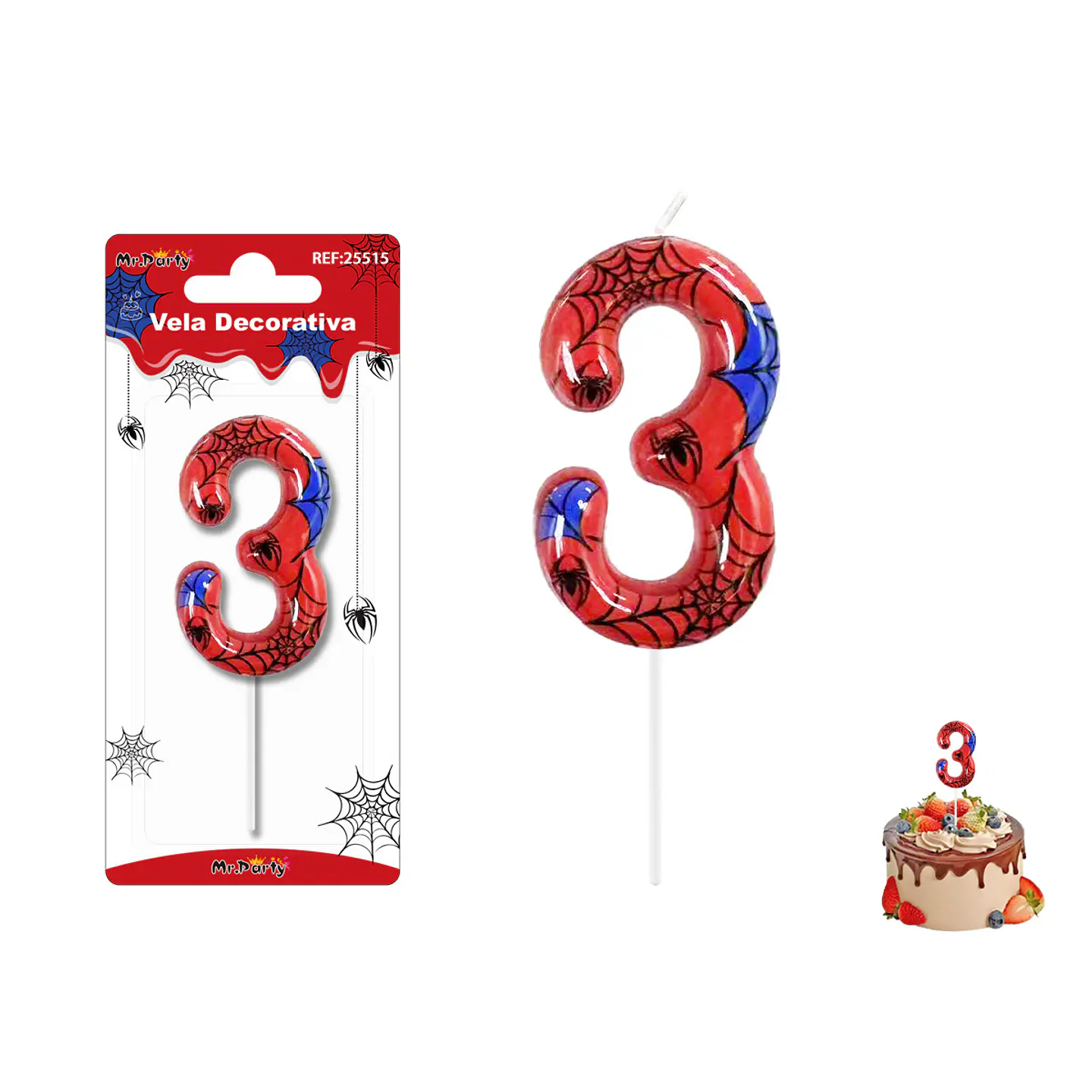 Velas con número 3 diseño telaraña 9cm 1