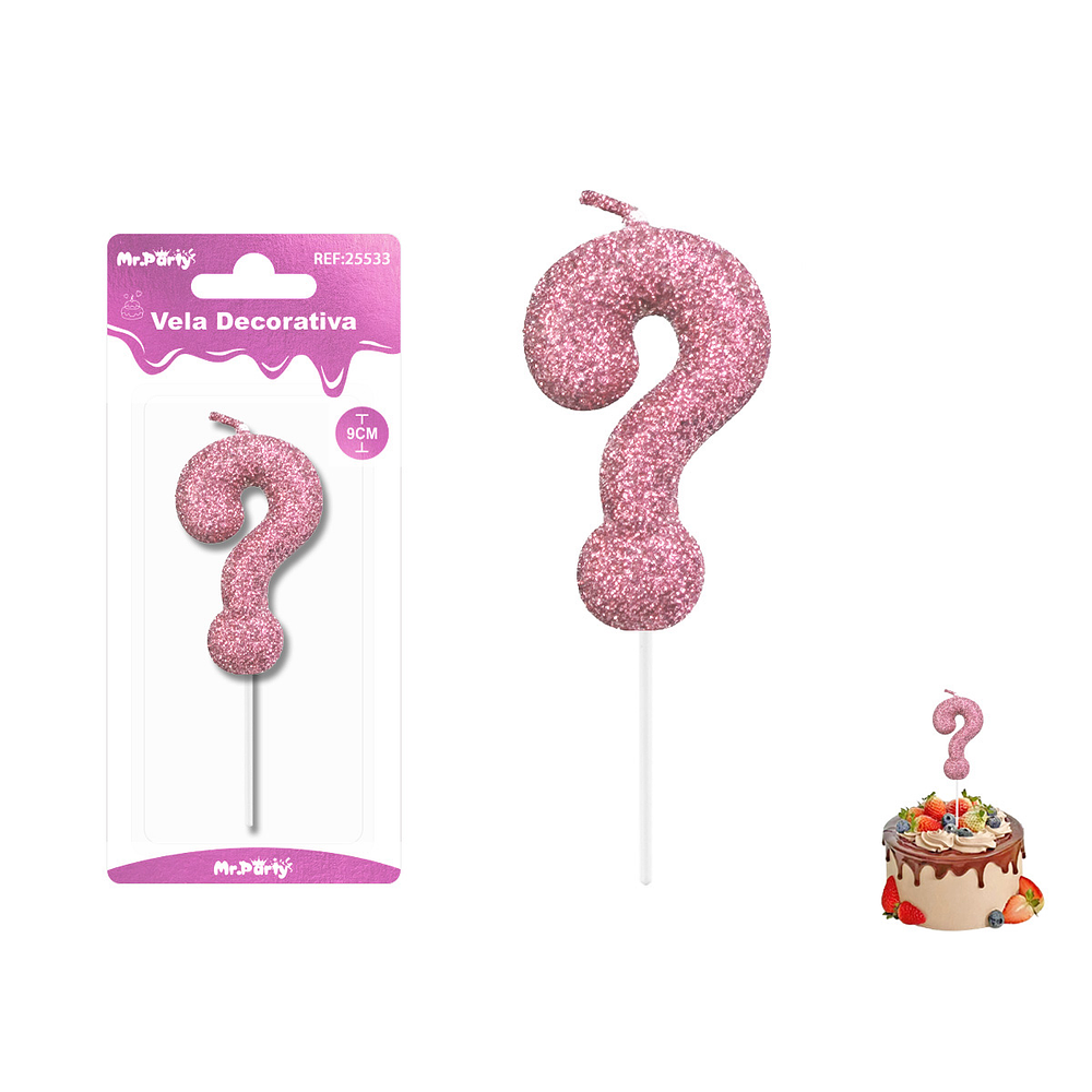 Velas con signo ? con glitter rosado 9cm