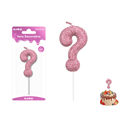 Velas con signo ? con glitter rosado 9cm