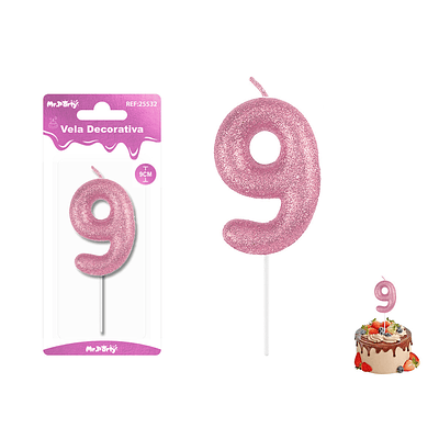 Velas con número 9 con glitter rosado 9cm