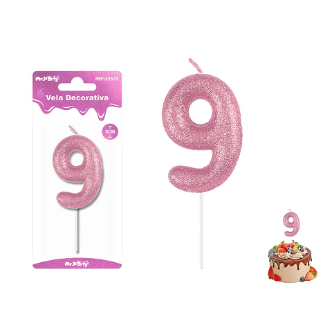 Velas con número 9 con glitter rosado 9cm