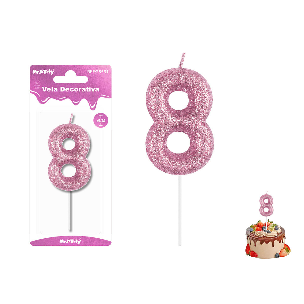 Velas con número 8 con glitter rosado 9cm