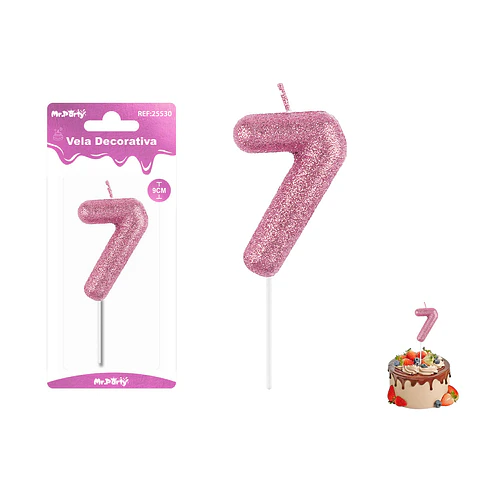 Velas con número 7 con glitter rosado 9cm