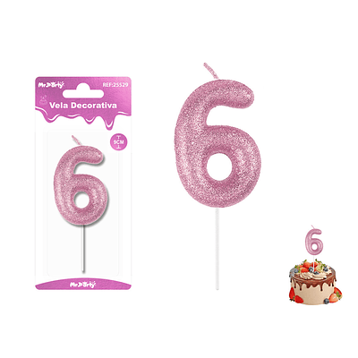 Velas con número 6 con glitter rosado 9cm