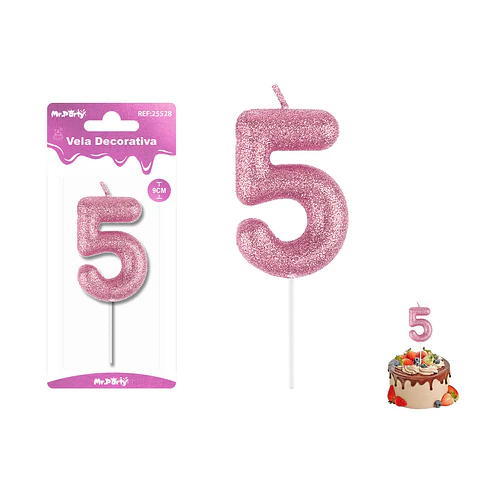 Velas con número 5 con glitter rosado 9cm