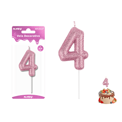 Velas con número 4 con glitter rosado 9cm