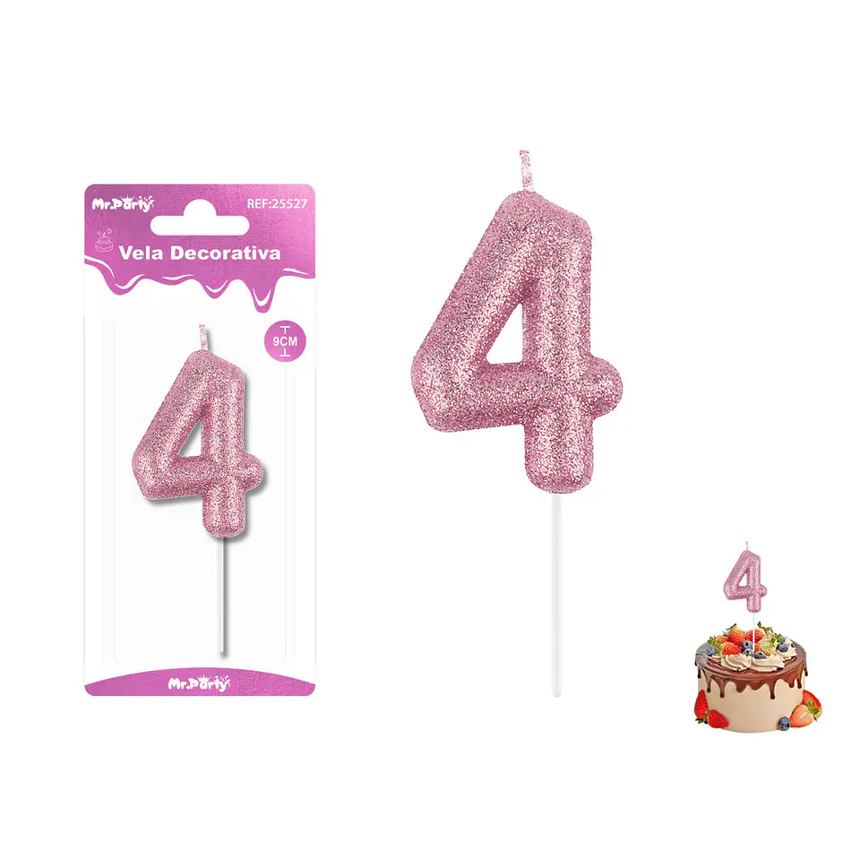 Velas con número 4 con glitter rosado 9cm 1