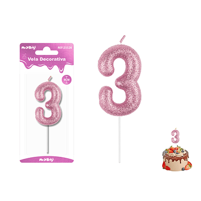 Velas con número 3 con glitter rosado 9cm