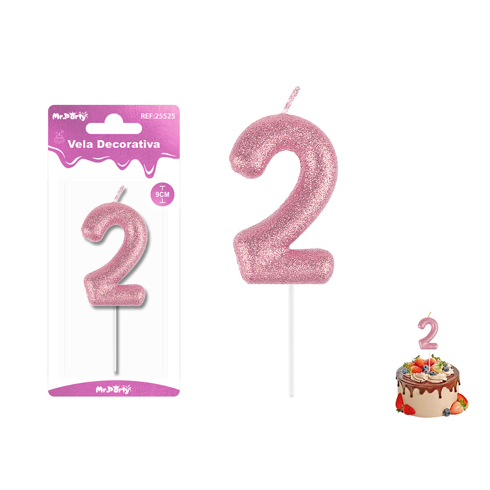 Velas con número 2 con glitter rosado 9cm