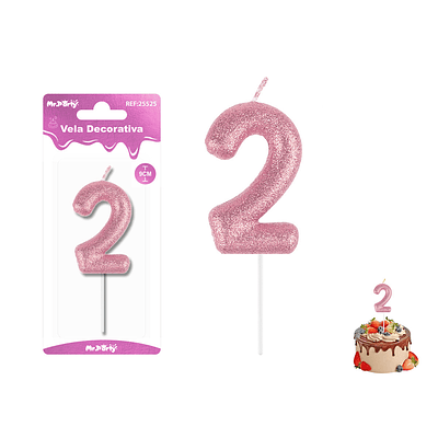 Velas con número 2 con glitter rosado 9cm