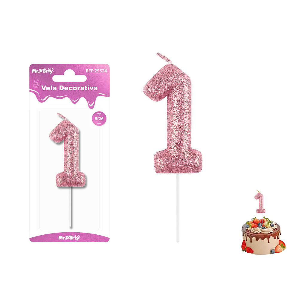 Velas con número 1 con glitter rosado 9cm