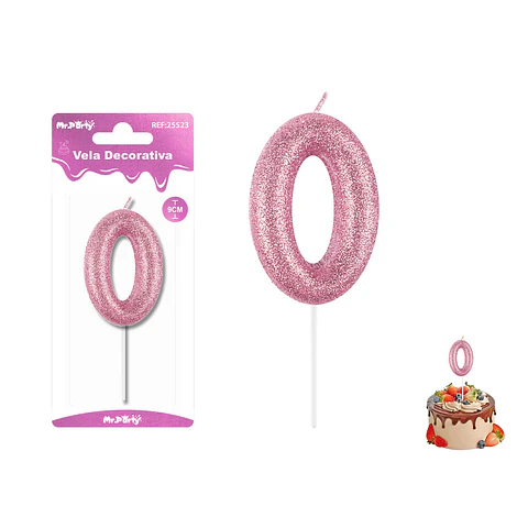 Velas con número 0 con glitter rosado 9cm