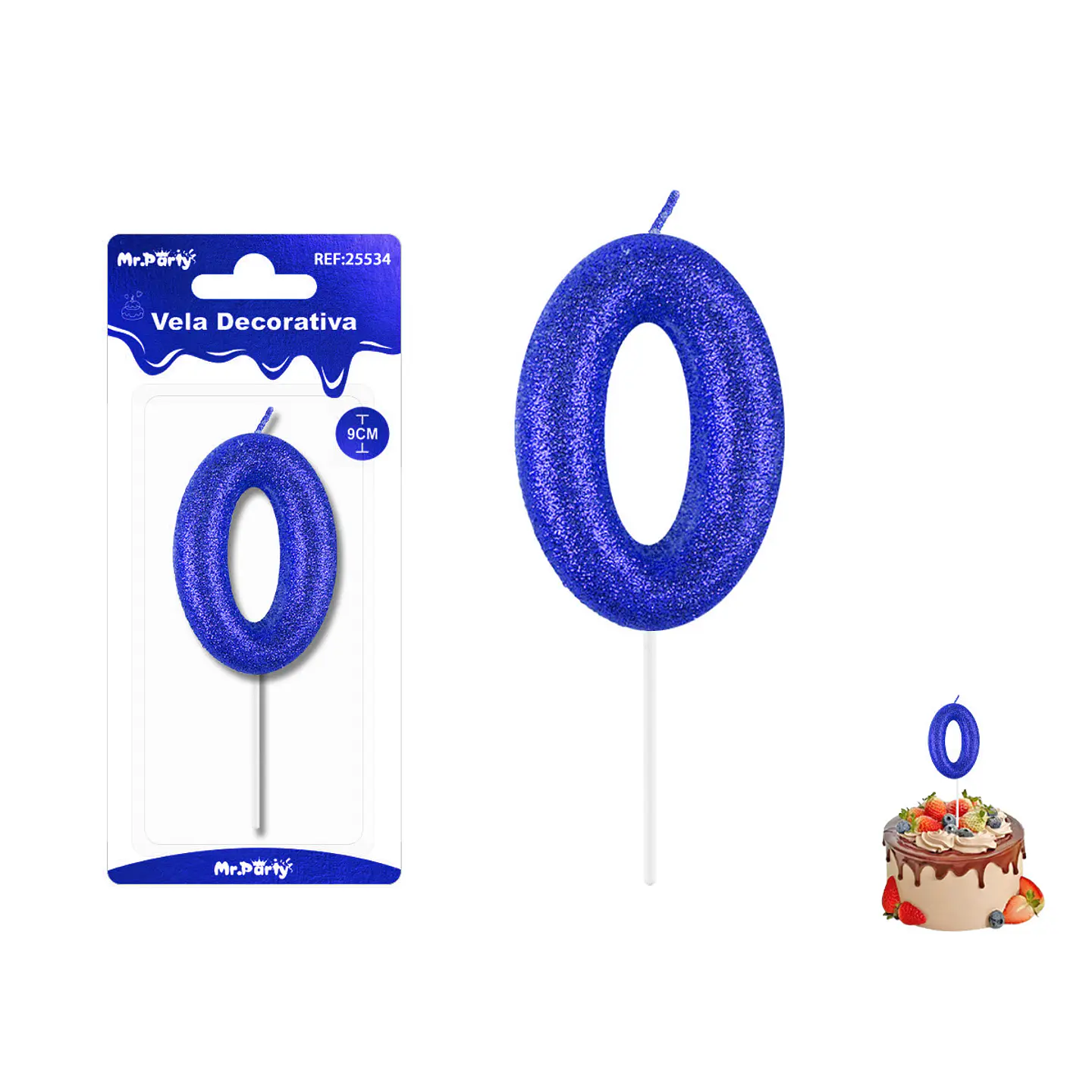 Velas con número 0 con glitter azul 9cm 1