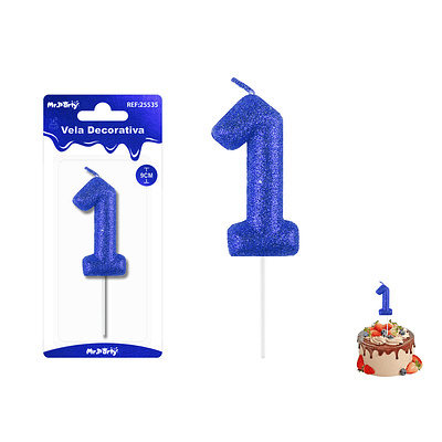 Velas con número 1 con glitter azul 9cm