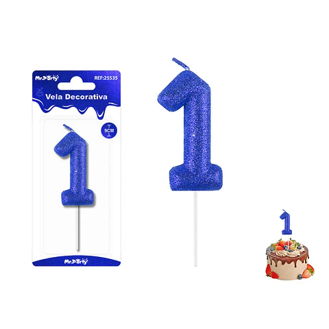 Velas con número 1 con glitter azul 9cm